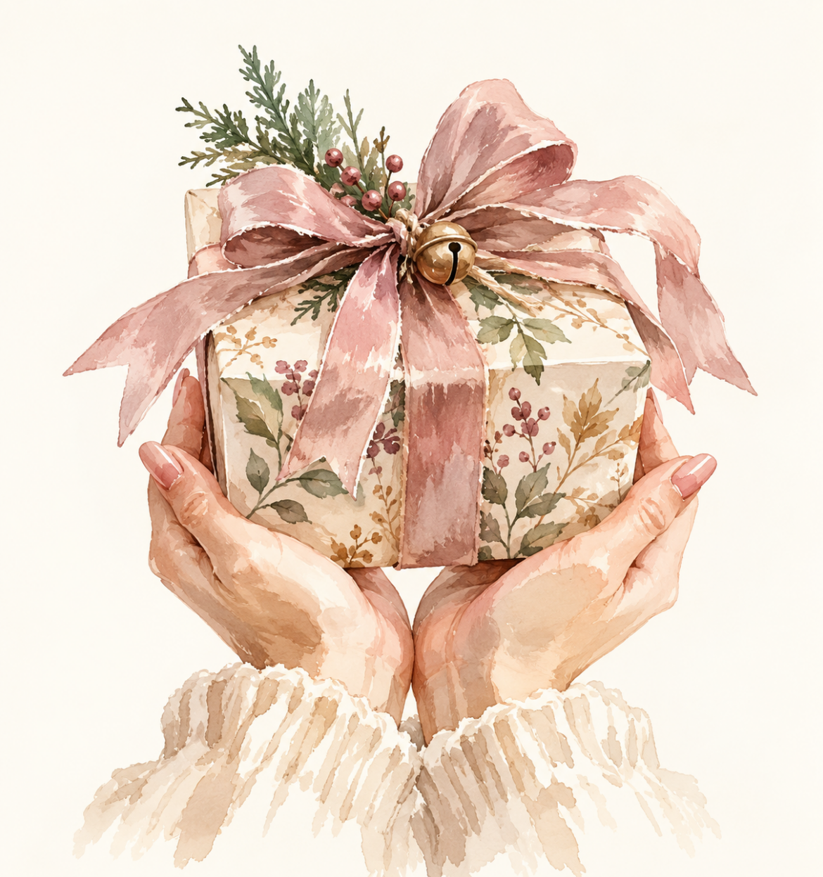 Watercolour of two hands holding a gift wrapped in leaf-print paper with a dusty pink ribbon, berries and a small brass bell