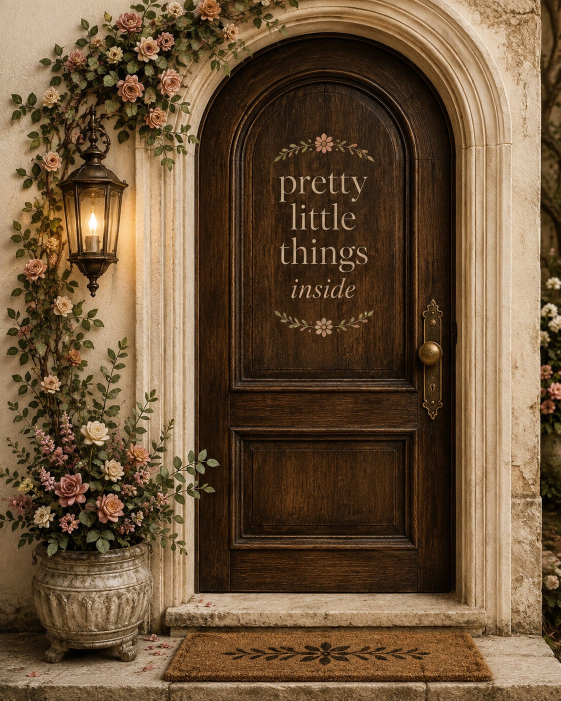 An arched wooden front door painted with the words pretty little things inside, framed by climbing roses, a lantern and a flower urn